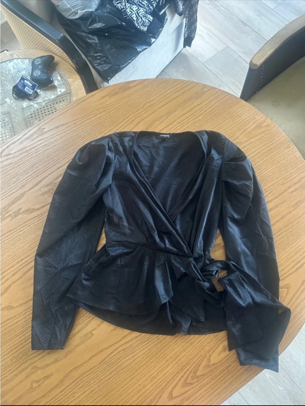 Express Black Faux-Leather Wrap Blazer with Tie Waist